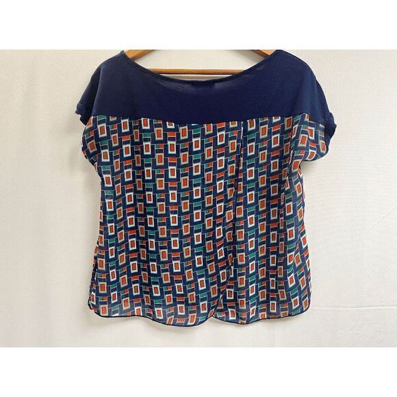 Edge Womens Short Sleeve Blouse Blue Geometric 100% Polyester Size Small - Picture 1 of 6